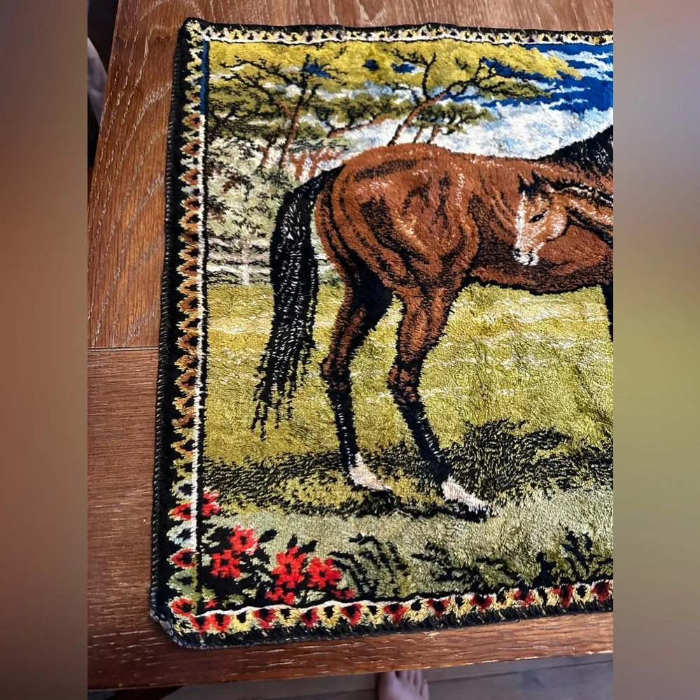 Vintage ITALIAN Velvet WILD HORSES Equine WALL Hanging TAPESTRY Rug MCM Italy